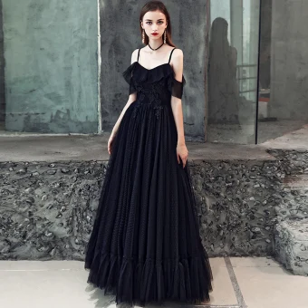 Abordable Noire Robe De Bal 2019 Princesse Bretelles Spaghetti Manches Courtes Appliques En Dentelle Longue Volants Dos Nu Robe De Ceremonie