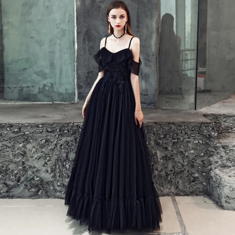 Asequible Negro Vestidos de gala 2019 A-Line / Princess Spaghetti Straps Manga Corta Apliques Con Encaje Largos Ruffle Sin Espalda Vestidos Formales
