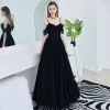 Affordable Black Prom Dresses 2019 A-Line / Princess Spaghetti Straps Short Sleeve Appliques Lace Floor-Length / Long Ruffle Backless Formal Dresses