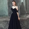 Affordable Black Prom Dresses 2019 A-Line / Princess Spaghetti Straps Short Sleeve Appliques Lace Floor-Length / Long Ruffle Backless Formal Dresses