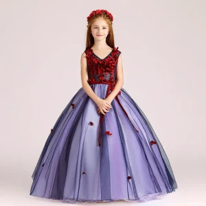 Chic Belle Violet Robe Ceremonie Fille 2017 Robe Boule V Cou Sans Manches Appliques Fleur Perle Ceinture Longue Volants Robe Pour Mariage