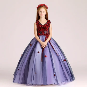 Chic Beautiful Purple Flower Girl Dresses 2017 Ball Gown V Neck Sleeveless Appliques Flower Pearl Sash Floor Length Long Ruffle Wedding Party Dresses
