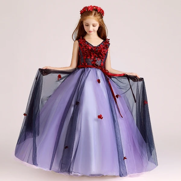 Chic / Beautiful Purple Flower Girl Dresses 2017 Ball Gown V-Neck Sleeveless Appliques Flower Pearl Sash Floor-Length / Long Ruffle Wedding Party Dresses