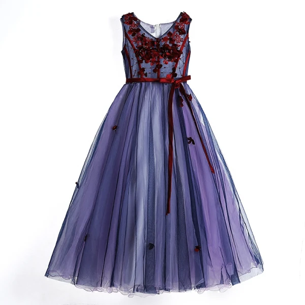 Chic / Beautiful Purple Flower Girl Dresses 2017 Ball Gown V-Neck Sleeveless Appliques Flower Pearl Sash Floor-Length / Long Ruffle Wedding Party Dresses