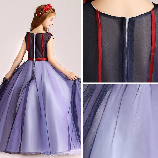 Chic / Beautiful Purple Flower Girl Dresses 2017 Ball Gown V-Neck Sleeveless Appliques Flower Pearl Sash Floor-Length / Long Ruffle Wedding Party Dresses