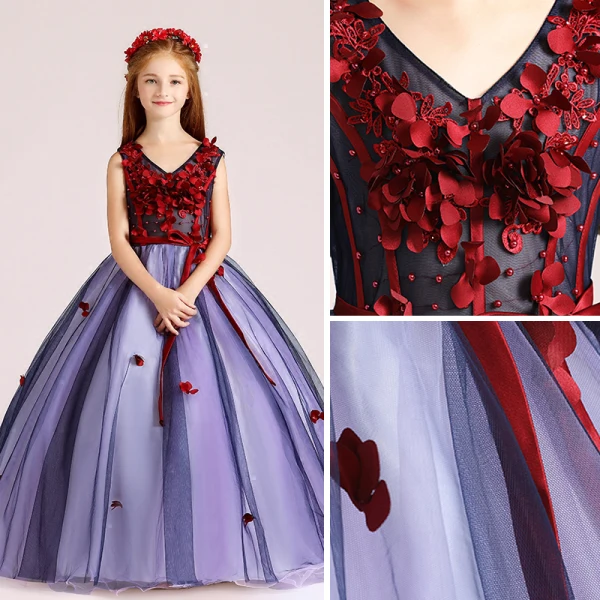 Chic / Beautiful Purple Flower Girl Dresses 2017 Ball Gown V-Neck Sleeveless Appliques Flower Pearl Sash Floor-Length / Long Ruffle Wedding Party Dresses