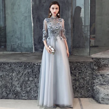 Illusion Grey Pierced Evening Dresses 2019 A Line Princess 3 4 Sleeve High Neck Appliques Lace Flower Beading Floor Length Long Ruffle Backless