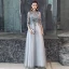 Illusion Grey Pierced Evening Dresses  2019 A-Line / Princess 3/4 Sleeve High Neck Appliques Lace Flower Beading Floor-Length / Long Ruffle Backless