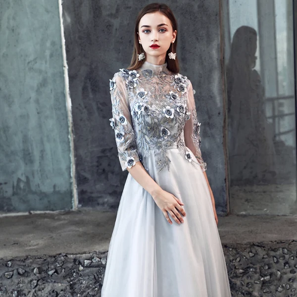 Illusion Grey Pierced Evening Dresses  2019 A-Line / Princess 3/4 Sleeve High Neck Appliques Lace Flower Beading Floor-Length / Long Ruffle Backless