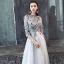 Illusion Grey Pierced Evening Dresses  2019 A-Line / Princess 3/4 Sleeve High Neck Appliques Lace Flower Beading Floor-Length / Long Ruffle Backless