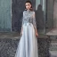 Illusion Grey Pierced Evening Dresses  2019 A-Line / Princess 3/4 Sleeve High Neck Appliques Lace Flower Beading Floor-Length / Long Ruffle Backless