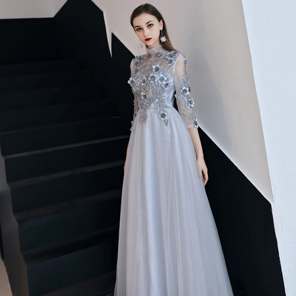 Illusion Grey Pierced Evening Dresses  2019 A-Line / Princess 3/4 Sleeve High Neck Appliques Lace Flower Beading Floor-Length / Long Ruffle Backless