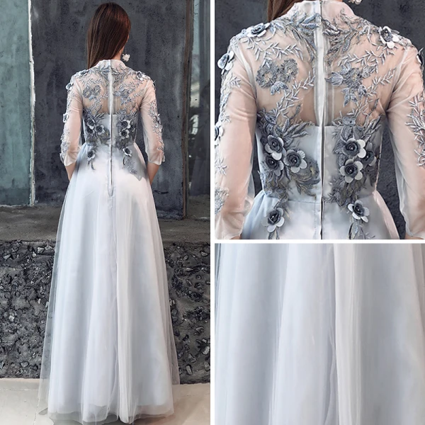 Illusion Grey Pierced Evening Dresses  2019 A-Line / Princess 3/4 Sleeve High Neck Appliques Lace Flower Beading Floor-Length / Long Ruffle Backless