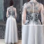 Illusion Grey Pierced Evening Dresses  2019 A-Line / Princess 3/4 Sleeve High Neck Appliques Lace Flower Beading Floor-Length / Long Ruffle Backless