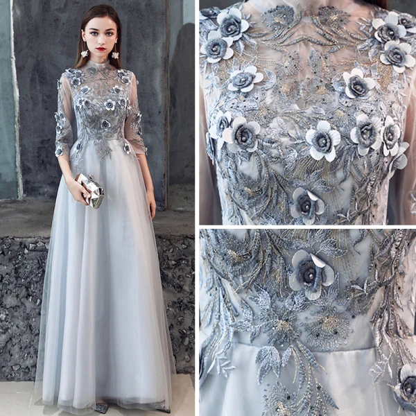 Illusion Grey Pierced Evening Dresses  2019 A-Line / Princess 3/4 Sleeve High Neck Appliques Lace Flower Beading Floor-Length / Long Ruffle Backless