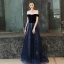 Chic / Belle Bleu Marine Robe De Bal 2019 Princesse De l'épaule Manches Courtes Glitter Étoile Tribunal Train Volants Dos Nu Robe De Ceremonie