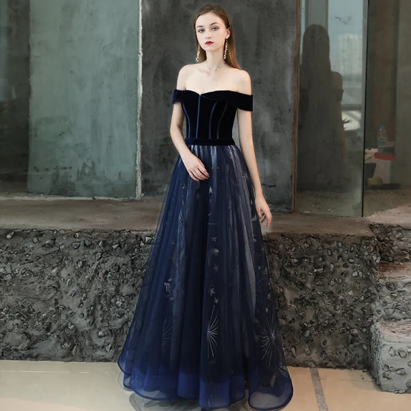 Chic / Belle Bleu Marine Robe De Bal 2019 Princesse De l'épaule Manches Courtes Glitter Étoile Tribunal Train Volants Dos Nu Robe De Ceremonie