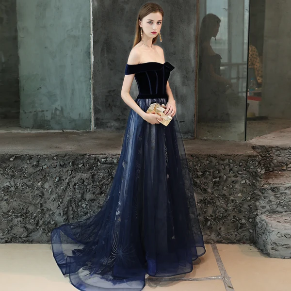 Chic / Belle Bleu Marine Robe De Bal 2019 Princesse De l'épaule Manches Courtes Glitter Étoile Tribunal Train Volants Dos Nu Robe De Ceremonie