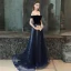 Chic / Belle Bleu Marine Robe De Bal 2019 Princesse De l'épaule Manches Courtes Glitter Étoile Tribunal Train Volants Dos Nu Robe De Ceremonie