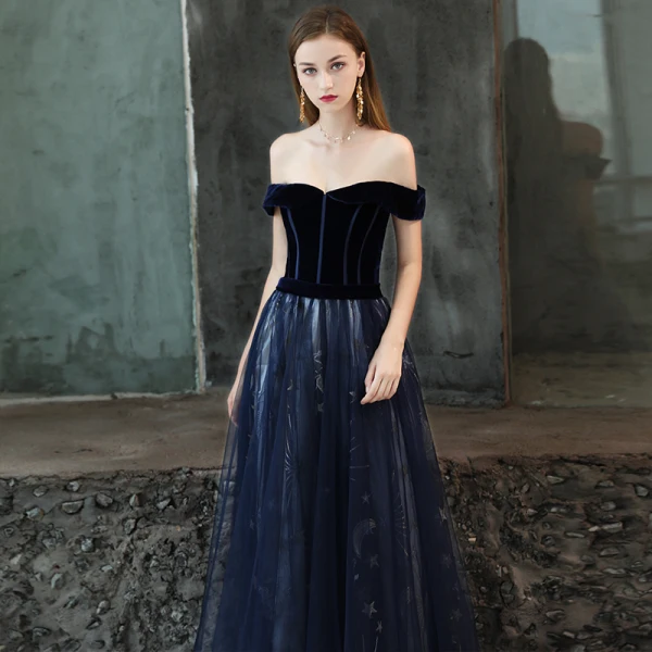 Chic / Belle Bleu Marine Robe De Bal 2019 Princesse De l'épaule Manches Courtes Glitter Étoile Tribunal Train Volants Dos Nu Robe De Ceremonie