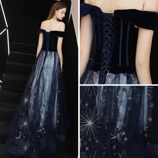 Chic / Belle Bleu Marine Robe De Bal 2019 Princesse De l'épaule Manches Courtes Glitter Étoile Tribunal Train Volants Dos Nu Robe De Ceremonie