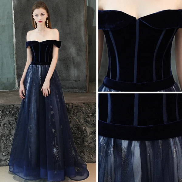 Chic / Belle Bleu Marine Robe De Bal 2019 Princesse De l'épaule Manches Courtes Glitter Étoile Tribunal Train Volants Dos Nu Robe De Ceremonie