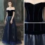Chic / Belle Bleu Marine Robe De Bal 2019 Princesse De l'épaule Manches Courtes Glitter Étoile Tribunal Train Volants Dos Nu Robe De Ceremonie