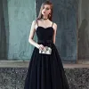 Affordable Black Prom Dresses 2019 A-Line / Princess Spaghetti Straps Sleeveless Bow Sash Spotted Tulle Floor-Length / Long Ruffle Backless Formal Dresses