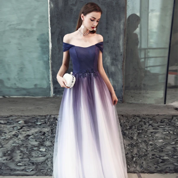 Simple Violet Dégradé De Couleur Blanche Robe De Bal 2019 Princesse épaules Sans Manches Perlage Longue Volants Dos Nu Robe De Ceremonie