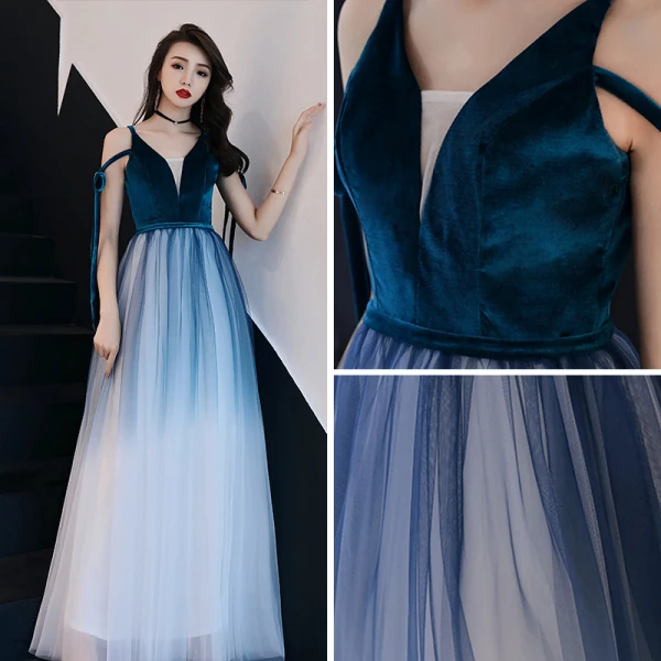 Abordable Bleu D'encre Dégradé De Couleur Blanche Robe De Soirée 2019 Princesse Bretelles Spaghetti Sans Manches Ceinture Longue Volants Dos Nu Robe De Ceremonie