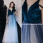 Abordable Bleu D'encre Dégradé De Couleur Blanche Robe De Soirée 2019 Princesse Bretelles Spaghetti Sans Manches Ceinture Longue Volants Dos Nu Robe De Ceremonie