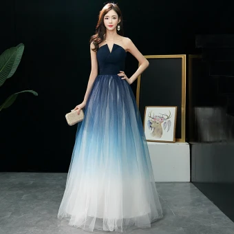 Moderne Mode Bleu Marine Dégradé De Couleur Ivoire Robe De Bal 2019 Princesse Bustier Sans Manches Longue Volants Dos Nu Robe De Ceremonie