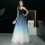 Modern / Fashion Navy Blue Gradient-Color Ivory Prom Dresses 2019 A-Line / Princess Strapless Sleeveless Floor-Length / Long Ruffle Backless Formal Dresses
