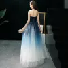 Modern / Fashion Navy Blue Gradient-Color Ivory Prom Dresses 2019 A-Line / Princess Strapless Sleeveless Floor-Length / Long Ruffle Backless Formal Dresses