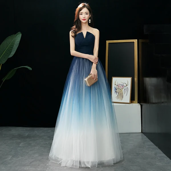 Modern / Fashion Navy Blue Gradient-Color Ivory Prom Dresses 2019 A-Line / Princess Strapless Sleeveless Floor-Length / Long Ruffle Backless Formal Dresses