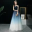 Modern / Fashion Navy Blue Gradient-Color Ivory Prom Dresses 2019 A-Line / Princess Strapless Sleeveless Floor-Length / Long Ruffle Backless Formal Dresses