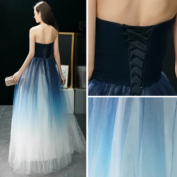 Modern / Fashion Navy Blue Gradient-Color Ivory Prom Dresses 2019 A-Line / Princess Strapless Sleeveless Floor-Length / Long Ruffle Backless Formal Dresses
