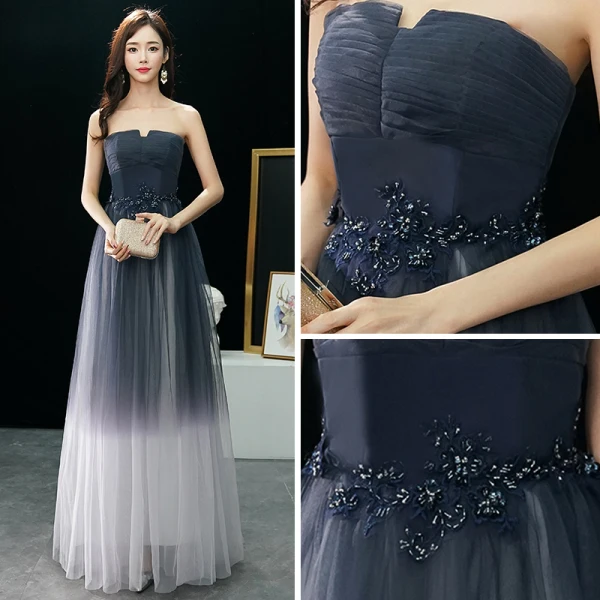 Modern / Fashion Navy Blue Gradient-Color Ivory Prom Dresses 2019 A-Line / Princess Strapless Sleeveless Beading Floor-Length / Long Ruffle Backless Formal Dresses
