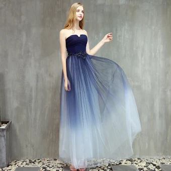 Moderne Mode Bleu Marine Dégradé De Couleur Robe De Bal 2019 Princesse Bustier Sans Manches Perlage Longue Volants Dos Nu Robe De Ceremonie