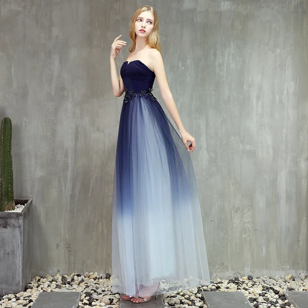 Modern / Fashion Navy Blue Gradient-Color Prom Dresses 2019 A-Line / Princess Strapless Sleeveless Beading Floor-Length / Long Ruffle Backless Formal Dresses