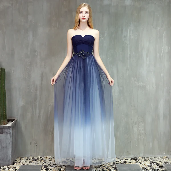 Modern / Fashion Navy Blue Gradient-Color Prom Dresses 2019 A-Line / Princess Strapless Sleeveless Beading Floor-Length / Long Ruffle Backless Formal Dresses