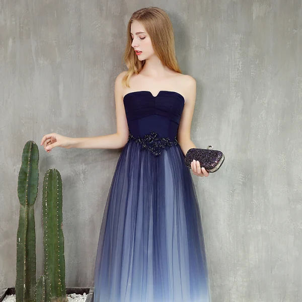 Modern / Fashion Navy Blue Gradient-Color Prom Dresses 2019 A-Line / Princess Strapless Sleeveless Beading Floor-Length / Long Ruffle Backless Formal Dresses
