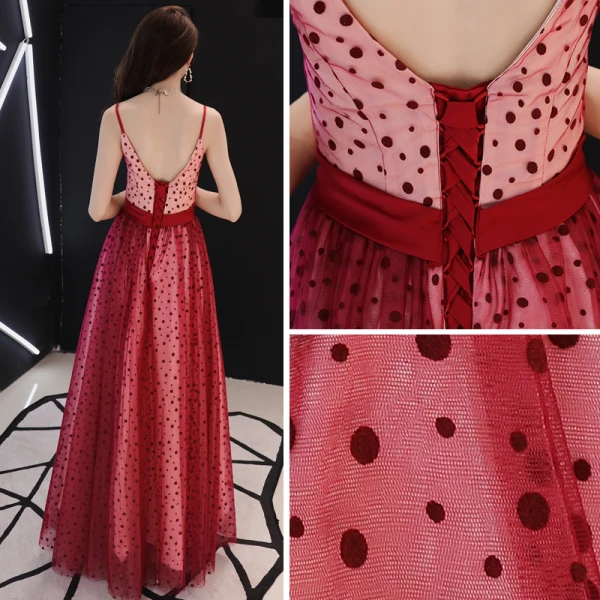 Modern / Fashion Red Prom Dresses 2019 A-Line / Princess Spaghetti Straps Sleeveless Spotted Tulle Bow Sash Floor-Length / Long Ruffle Backless Formal Dresses