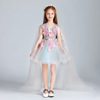 Moderne Mode Bleu Ciel Rose Bonbon Robe Ceremonie Fille 2017 Robe Boule V Cou Sans Manches Appliques Papillon Paillettes Courte Volants Robe Pour Mariage