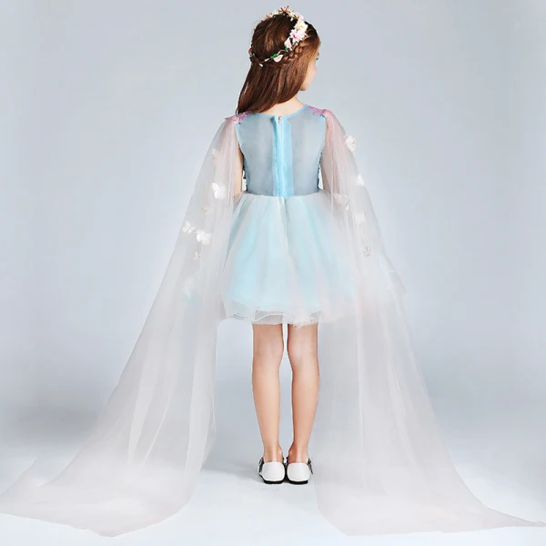 Mode Himmelblau Pink Mädchenkleider 2017 Ballkleid V-Ausschnitt Ärmellos Applikationen Schmetterling Pailletten Kurze Rüschen Kleider Für Hochzeit