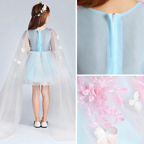 Mode Himmelblau Pink Mädchenkleider 2017 Ballkleid V-Ausschnitt Ärmellos Applikationen Schmetterling Pailletten Kurze Rüschen Kleider Für Hochzeit