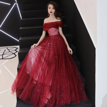 Bling Bling Bordeaux Robe De Soirée 2019 Princesse De L Épaule Manches Courtes Glitter Tulle Longue Volants Dos Nu Robe De Ceremonie
