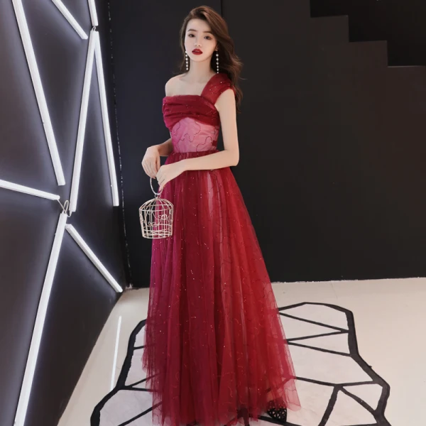 Bling Bling Bordeaux Robe De Soirée 2019 Princesse De l'épaule Manches Courtes Glitter Tulle Longue Volants Dos Nu Robe De Ceremonie