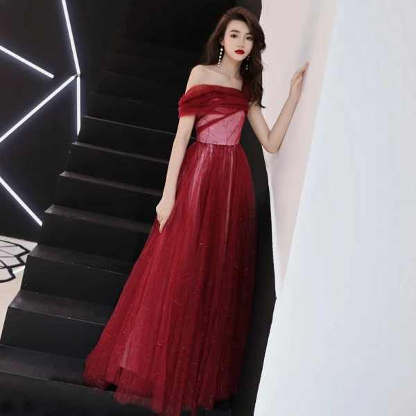 Bling Bling Bordeaux Robe De Soirée 2019 Princesse De l'épaule Manches Courtes Glitter Tulle Longue Volants Dos Nu Robe De Ceremonie