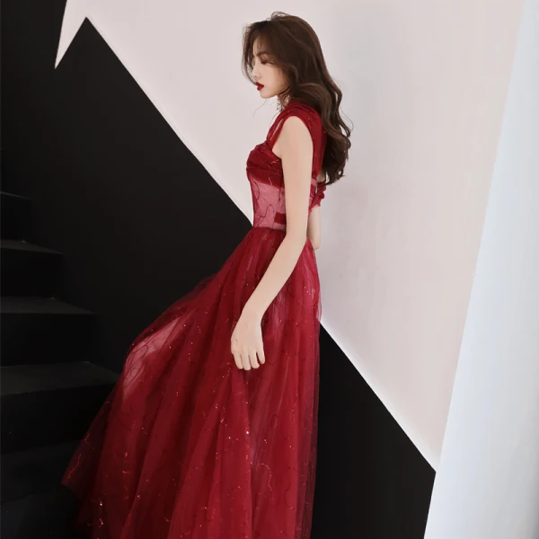 Bling Bling Bordeaux Robe De Soirée 2019 Princesse De l'épaule Manches Courtes Glitter Tulle Longue Volants Dos Nu Robe De Ceremonie